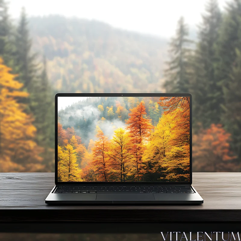 Autumn Forest Reflected on Laptop Screen AI Image