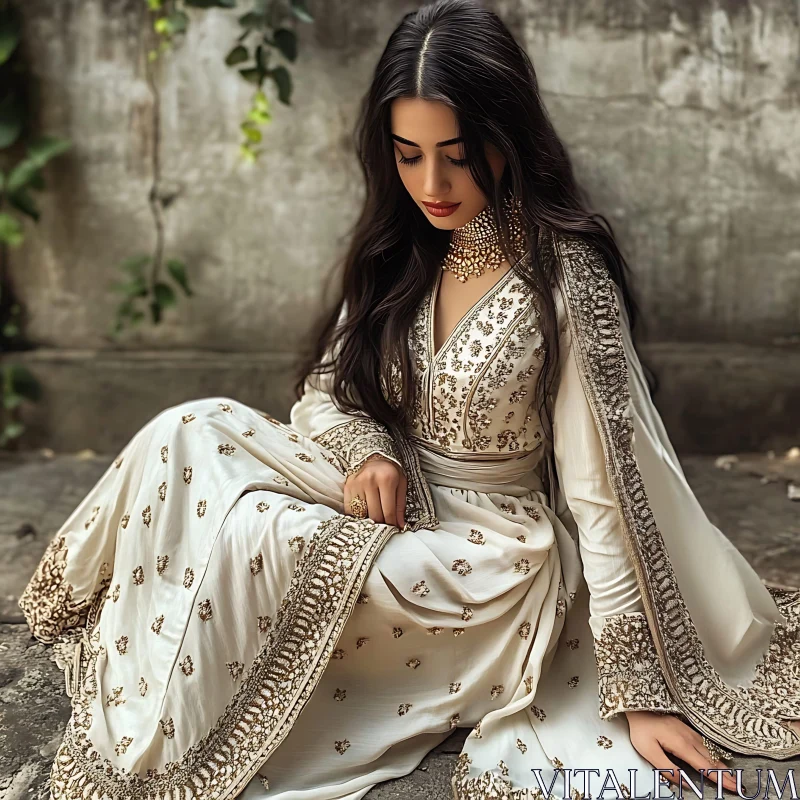 Serene Woman in Traditional Dress AI Image