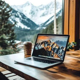 Cozy Workspace Overlooking Snowy Mountains