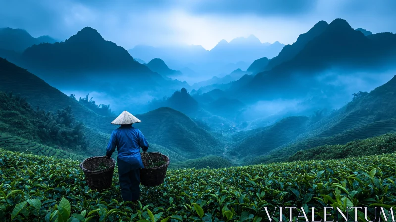 AI ART Asian Farmer in Tea Field