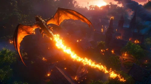 Dragon burning a medieval town