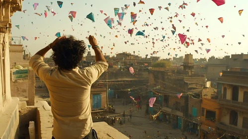 Man Releasing Kites Over a City