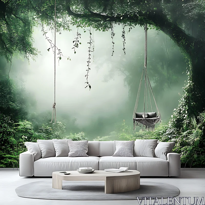 Misty Forest Living Room Decor with Swing AI Image