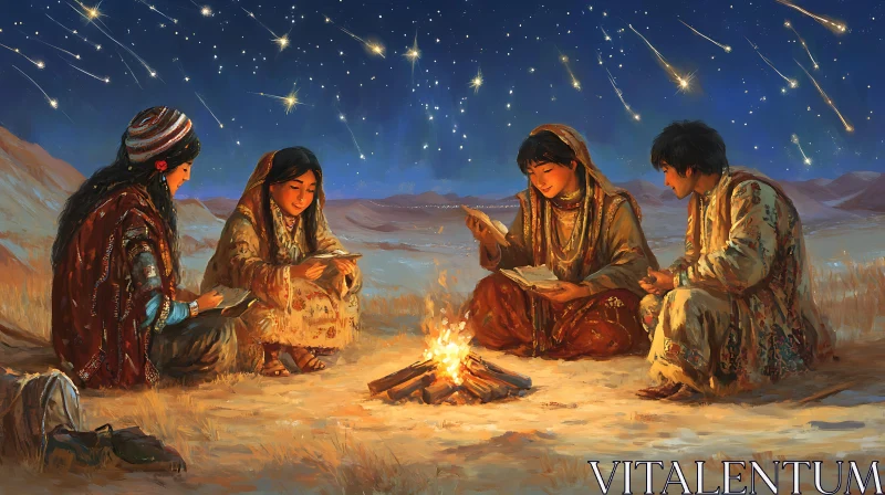 AI ART People Reading by Firelight at Night