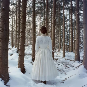 Woman in White Dress in Snowy Woods