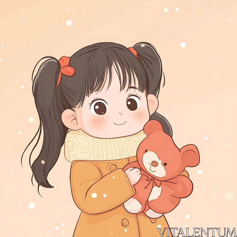 Cute Girl Holding Teddy Bear Illustration AI Image