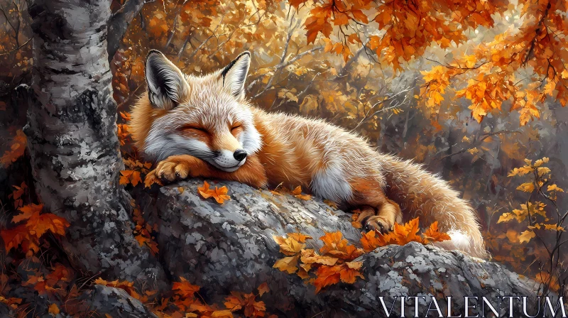 Fox Resting Among Autumn Leaves AI Image