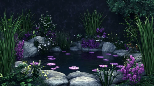 Tranquil Garden Pond Surrounded by Flowers