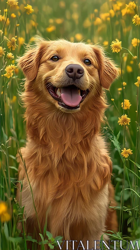 AI ART Golden Dog Among Yellow Flowers