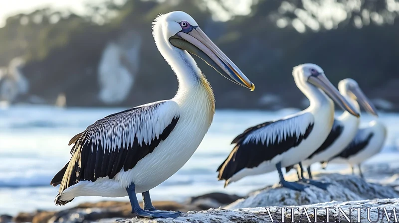 Coastal Pelicans in Serene Pose AI Image