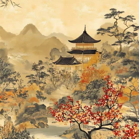 Asian Landscape with Pagoda and Mountains