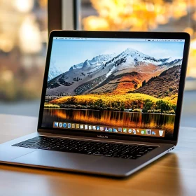 Laptop Displaying Beautiful Mountain Scene on Desk