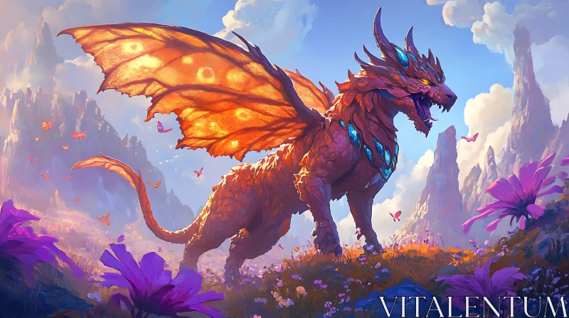 AI ART Dragon Amidst Flowers: A Fantasy Scene