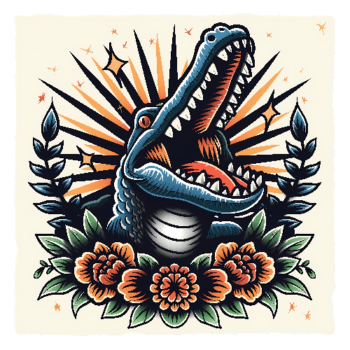 POD Design Blue and Green Alligator Illustration with Floral Elements