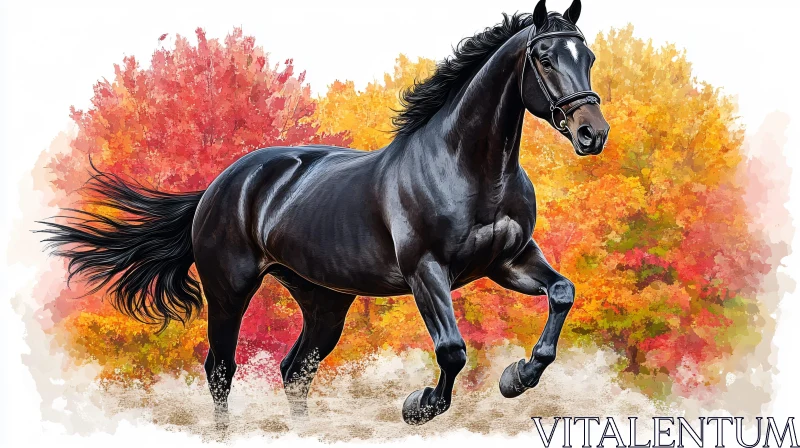 Galloping Black Horse with Autumn Foliage AI Image