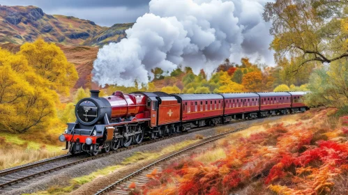 Captivating Steam Engine in Autumn Scenery near Mountains