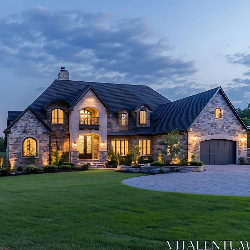 Luxury Stone House Under Evening Sky AI Image