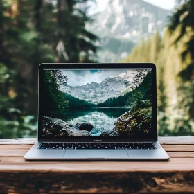 Nature Reflected on Laptop Screen in Forest Setting