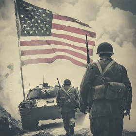 Vintage War Scene with American Flag