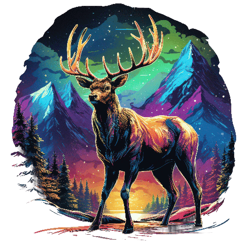 Deer Amidst Night Sky and Snowy Mountain Landscape POD Design