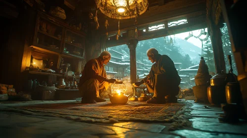 Monks Sharing Light in Snowy Mountains