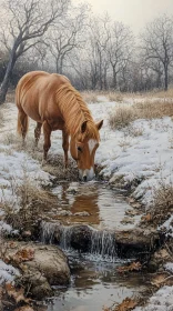 Horse Drinking from Winter Stream