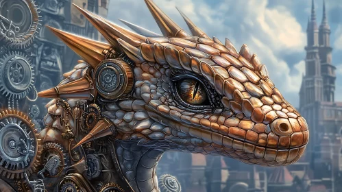 Mechanical Dragon with Cityscape