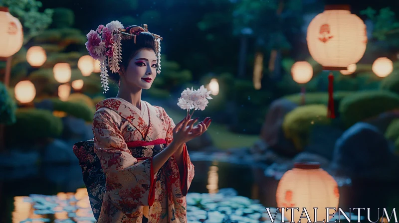 Japanese Beauty with Flowers and Lanterns AI Image