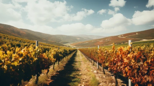 Enchanting Autumn Vineyard Amidst Mountainous Landscape