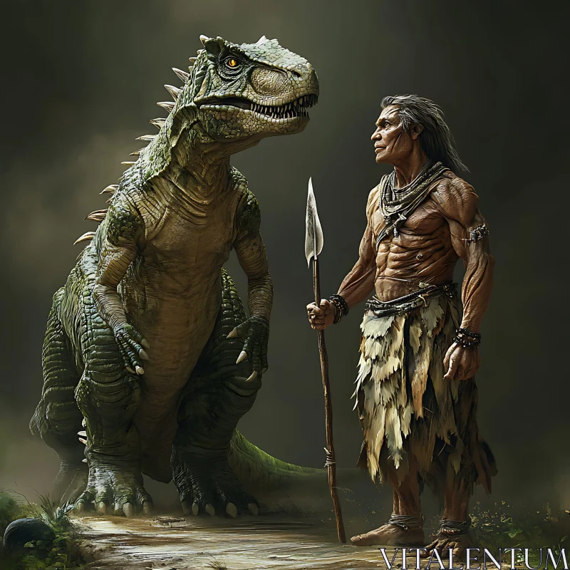 Prehistoric Encounter: Man vs Dinosaur AI Image