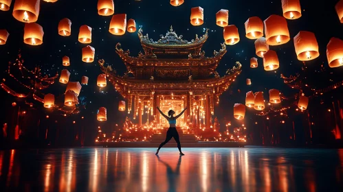 Woman Celebrating with Sky Lanterns