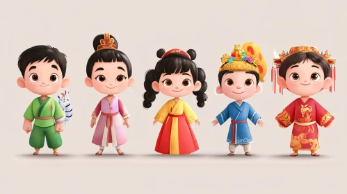 Cartoon Kids in Cultural Costumes