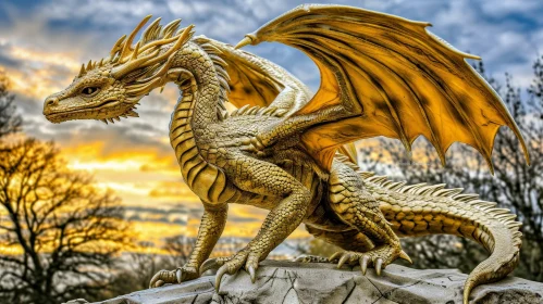 Golden Dragon 3D Rendering - Fantasy Sunset Art