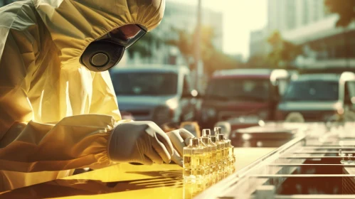 Post-apocalyptic Gas Mask Photography: Man Working with Glass Bottles in City