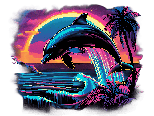 Retro Dolphin Leap at Sunset - Ocean and Palm Tree Illustration POD Design