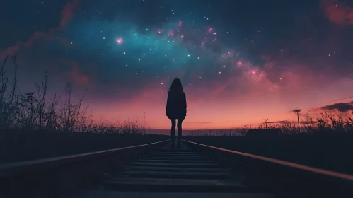 Silhouette on Railroad Tracks Under Stars