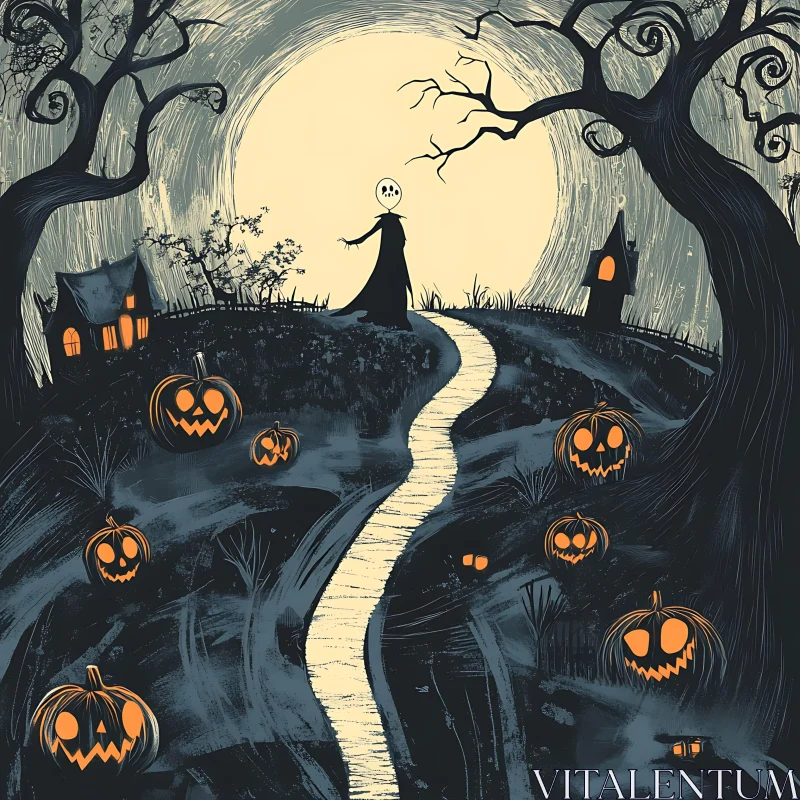 Halloween Night Scene with Ghostly Figure