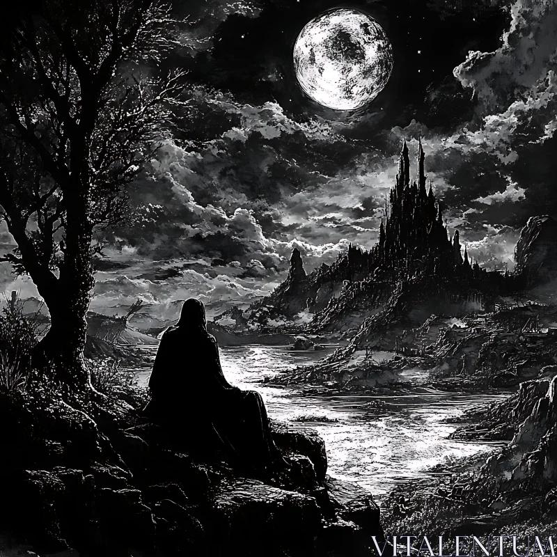 AI ART Monochrome Fantasy Castle Landscape