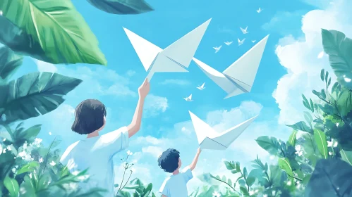 Children Launching Paper Airplanes Illustration