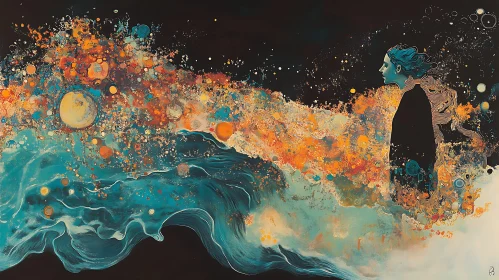 Abstract Cosmic Woman in Teal and Orange