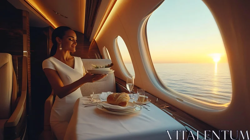 Elegant In-flight Dining with Ocean Sunset