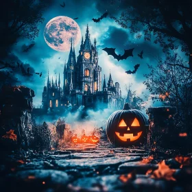 Spooky Halloween Castle with Moon