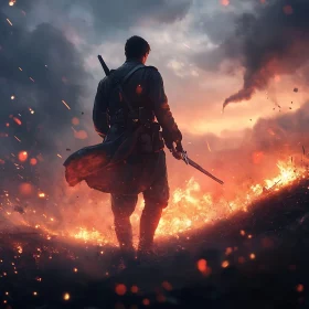 Man with Sword in Burning Field