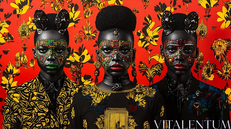 Portraits with Masks and Floral Background