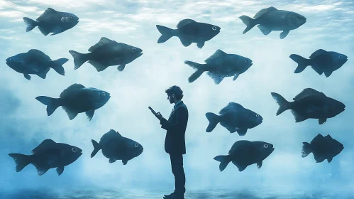 Man with Phone Surrounded by Fish