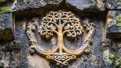 Ornate Tree Carving on Stone Wall