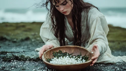 Woman Holding Bowl of Pearls