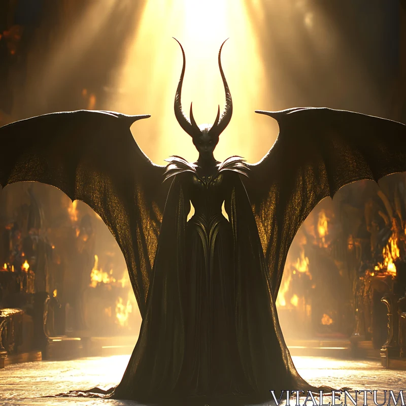 Horned Winged Character in Fiery Setting