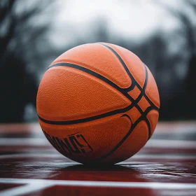 Orange Basketball on Wet Court