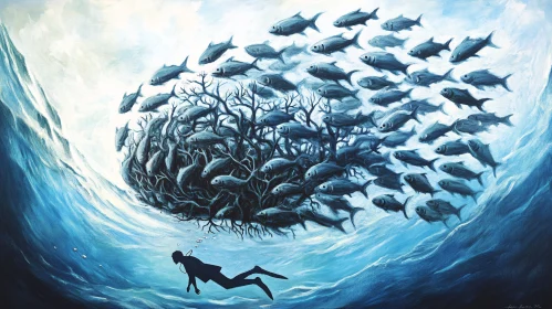 Surreal Underwater Scene with Diver and Fish